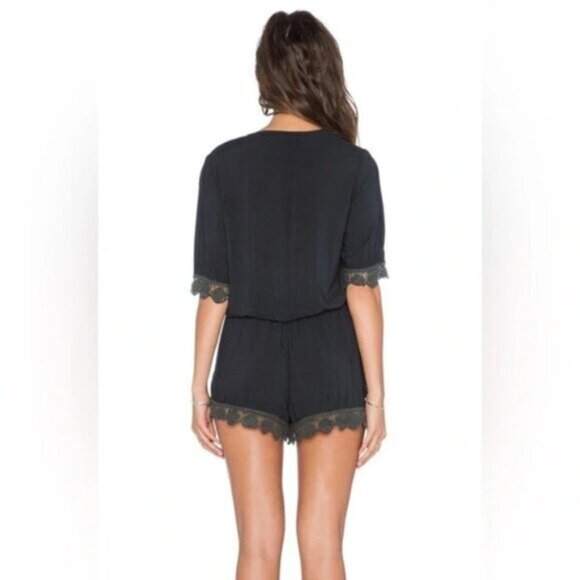 Free People Blue Life Boho Romper 3/4 Sleeve Surplice Neck Crochet Lace Black S - Picture 16 of 16
